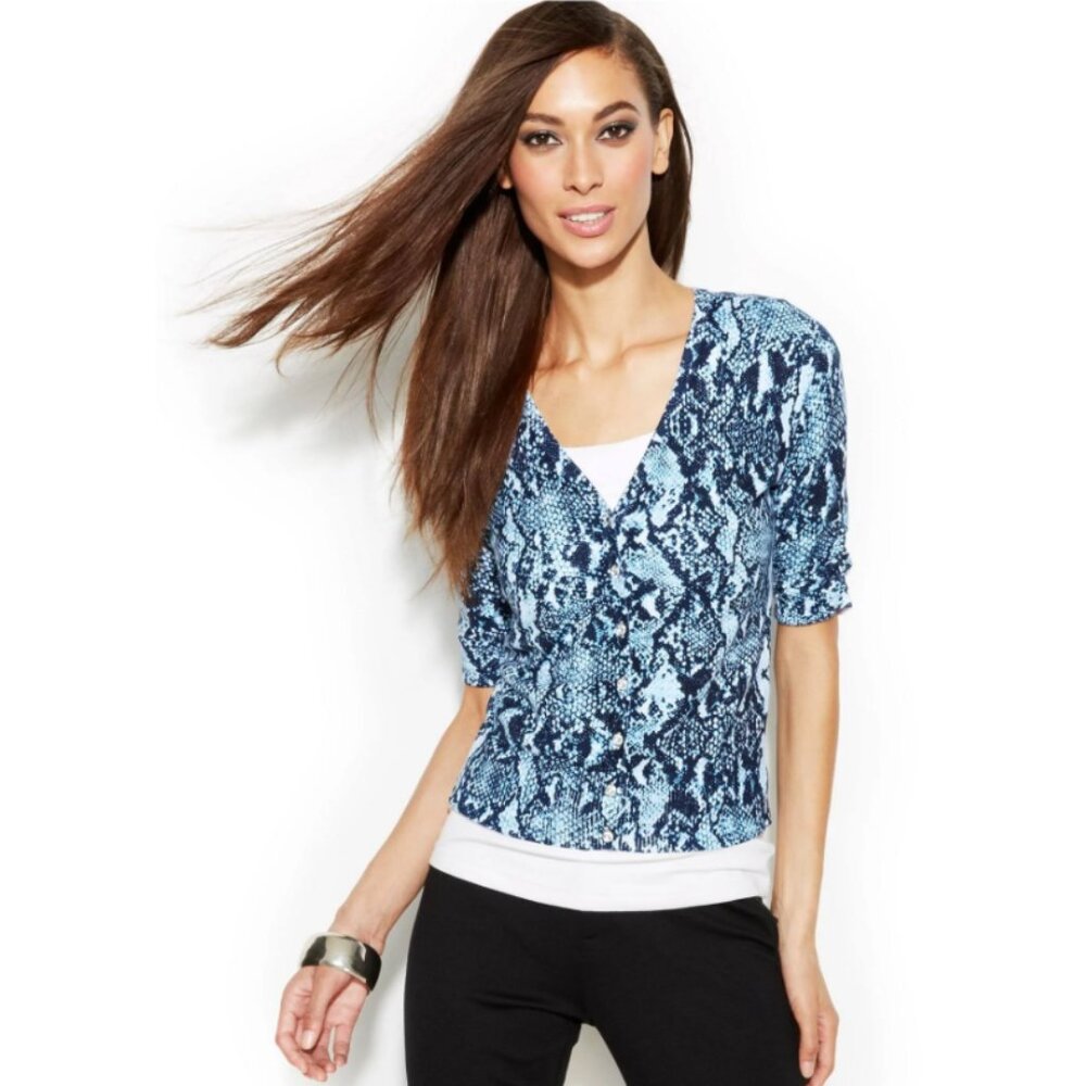 Inc International Concepts Ruched Knit Cardigan Blue Snake Print PP